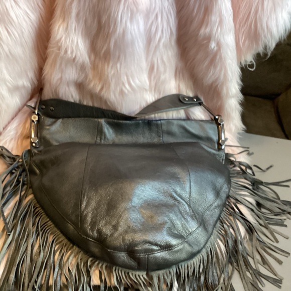 Sharif Gray Leather Hobo with Fringe and Studs - Picture 5 of 16